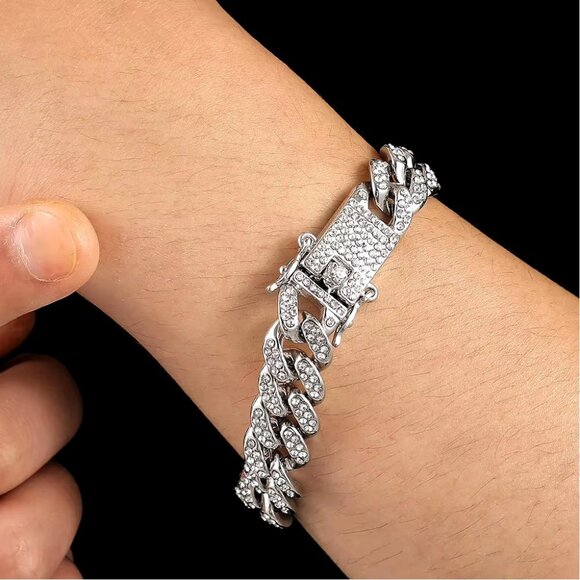 ⭐ Large 18k White Gold Cuban Men's 8" Iced Out Diamond Hip Hop Style Bracelet ⭐ - Picture 6 of 6